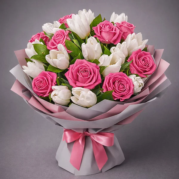 Нежные мгновения - букет из роз и тюльпанов